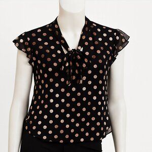 Haver London Blouse – Burnout Velvet Polka Dots Tie Neck Ruffle Cap Sleeves S